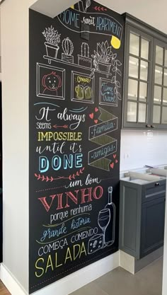 a chalkboard with some writing on it in a kitchen next to a stove top oven