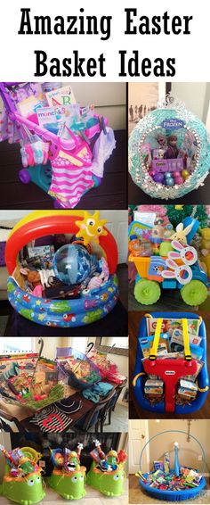 an assortment of easter baskets and toys for kids to play with in the house or at home