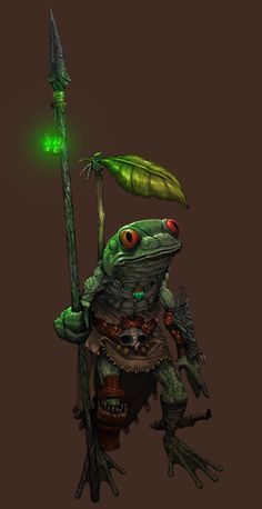 a frog with a green leaf on it's head and holding a stick in its hand