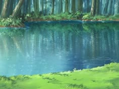 a painting of a river surrounded by trees