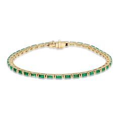 Clean and modern, this tennis bracelet is set with bright green emeralds. This is an excellent choice for someone looking to start a stunning arm stack or add some flair to a stack they already have. Available in 14k yellow, rose or yellow gold 1.95ctw emeralds 6.5" long By Eriness Please allow 2-6 weeks for delivery Emerald Tennis Bracelet, Jewelry Emerald, Emerald Bracelet, Stackable Bracelets, Silver Bars, Braided Bracelets, Bracelet For Women, Tennis Bracelet, Gold Bangles