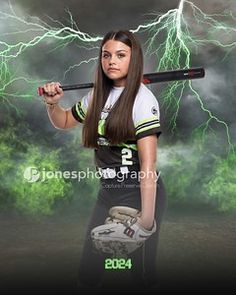 a woman holding a baseball bat in her hand and lightning behind her, on a black background