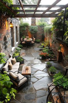 an outdoor patio with seating and plants