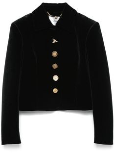 black velvet front button fastening spread collar shoulder pads long sleeves logo-jacquard lining cropped Luxury Velvet Outerwear For Fall, Elegant Velvet Outerwear With Buttons, Luxury Black Cropped Jacket For Formal Occasions, Velvet Single-breasted Outerwear For Evening, Classic Velvet Outerwear With Button Closure, Winter Velvet Outerwear With Button Closure, Fitted Velvet Outerwear With Button Closure, Elegant Velvet Blazer With Buttons, Elegant Black Cropped Jacket With Button Closure