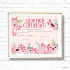 a pink certificate for a birthday party with pigs and flowers on it, in front of a white brick wall