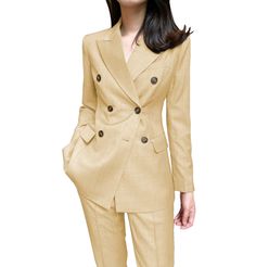 20% wool / 80% polyester. Flat. Include Blazer + Pants. Peak Lapel. Center Vent. Double Breasted 4 Buttons. Real pocket. Full lined. Machine wash / Hand wash. Color or size customization please note in the order Womens Suit Vest, Formal Flats, Lapel Blazer, Peak Lapel, Mothers Dresses, Suit Vest, Luxury Women, Body Size, Blue Brown