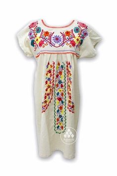 Mexican dress with multicolored floral embroidery. Mexican artisan design. Embroidered by our Chiapanecas machine artisans on a light blanket. Handmade design work that, although they follow the same embroidery pattern, the colors of the flowers can vary from piece to piece. Material: blanket (cotton). Unitalla: 53 cm wide by 90 cm long. Primary color: beige, clear. Multicolor machine embroidery. The availability of colors is limited. The photos are just a sample of what's available. Please ask Traditional Mexican Dress, Mexican Embroidered Dress, Mexican Textiles, Mexican Crafts, Mexican Dresses, Colorful Cakes, Artisan Design, Cotton Blankets, Model Dress