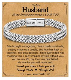 PRICES MAY VARY. 【Gifts for Husband from Wife】Surprise your husband with this trendy stainless steel link bracelet and let him know you will love and support him always and forever. He'll love wearing this cool bracelet gifts on his special days. 【Inspirational Gifts for Son】With a simple design, this husband bracelet for men is a stylish piece that can easily compliment any outfit. Comes with an inspirational card, a blank greeting card in a pretty gift box. A thoughtful and meaningful gifts for husband on birthday, Christmas, anniversary, Valentine's Day, Graduation, or just because. Such a sentimental gifts for husband that he will cherish it forever. 【Material】Made of 361L stainless steel and inscribed with "Love you forever" which means always linked together, this bracelet for men is Meaningful Gifts For Husband, Sentimental Gifts For Husband, Street Hip Hop Style, Surprise Your Husband, Gifts For Son, Graduation Gifts For Him, Master Degree, You Are My Life, Unique Gifts For Men