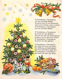 an old fashioned christmas card with a tree and decorations