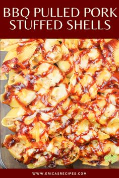 an image of bbq pulled pork stuffed shells on a baking sheet with text overlay