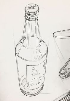 a pencil drawing of a bottle and scissors