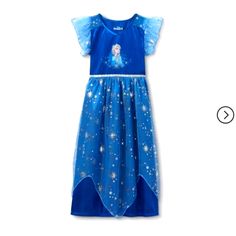 Beautiful New Disney Elsa Deep Blue Gown. Blue Sleeveless Princess Dress For Costume Party, Sleeveless Blue Princess Dress For Costume Party, Blue Disney Dress For Costume Party, Blue Princess Dress With Short Sleeves For Dress-up, Blue Short Sleeve Princess Dress For Dress-up, Elsa Nightgown, Elsa Clothes, Pajama Dresses, Midnight Gown