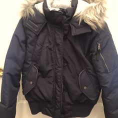 Hollister’s Ultimate Down Collection / Navy With Silver Interior .. Barely Worn Fitted Blue Outerwear With Detachable Hood, Navy Fitted Outerwear For Cold Weather, Fitted Navy Outerwear For Winter, Hollister Jackets, Bomber Jackets, Hollister, Bomber Jacket, Color Blue, Jackets & Coats