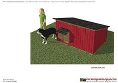 a woman standing next to a red shed with a black and white dog in it