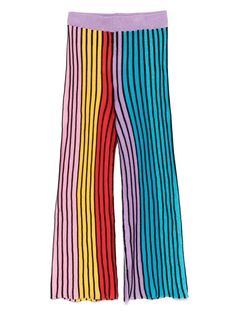 aqua blue/multicolour cotton blend 3D-knit construction rainbow stripe pattern glitter detailing elasticated waistband flared leg Boy Outerwear, Vegan Clothing, Kenzo Kids, Rainbow Kids, Flared Pants, Rainbow Pattern, Stella Mccartney Kids, Rainbow Stripes, Chic Woman