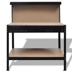 a black and tan desk with two shelves on each side, one shelf has an open drawer underneath it