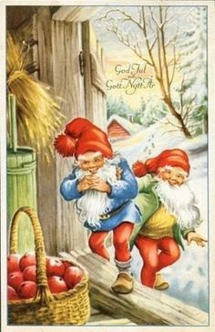 an old fashioned christmas card with two gnomes