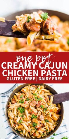 one pot creamy cajun chicken pasta in a skillet with the title overlay