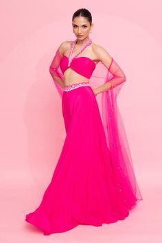 Buy Anshika Tak Label Fuchsia Pearl Embellished Cape Palazzo Set Online | Aza Fashions Palazzo And Blouse, Cape Sleeves Blouse, Blouse Halter Neck, Sheer Cape, Open Blouse, Padded Blouse, Wedding Ideas Dresses, Palazzo Set, Beaded Neckline