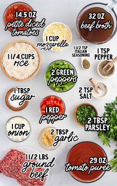 the ingredients to make this recipe are shown in bowls and labeled with their corresponding names