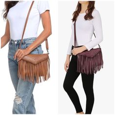 Never Used. Excellent Condition! Fabric Type Faux Leather,Pu Leather. Colors: Camel And Burgundy Closure Type: Flap Envelope Style Boho Crossbody Purse Features Fringe Detail And A Fold-Over Flap With Zip Closure To Secure Your Essentials Measurements: 10"(L)*1.6"(W)*7.5"(H) | Includes Adjustable Shoulder Strap That Extends Up To 48" (13"Min - 25"Max Shoulder Drop) Lined Interior With Wall Zip Pocket And Slip Pouch Provides Lots Of Room For Carrying Your Belongings One Layer Of Fringe For A Uniq Trendy Fringed Satchel Shoulder Bag, Trendy Fringe Satchel Shoulder Bag, Chic Clutch Shoulder Bag With Tassels, Trendy Satchel Bag With Fringe, Trendy Brown Hobo Bag With Fringe, Chic Tassel Clutch Shoulder Bag, Trendy Fall Bags With Fringe, Trendy Fringed Satchel Bag, Trendy Fringe Satchel Bag