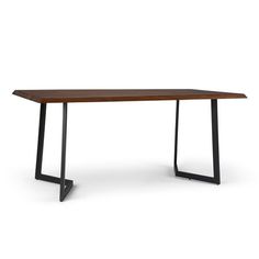 a wooden table with metal legs and a black frame on the top, against a white background