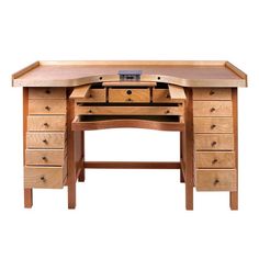 a wooden desk with several drawers on each side and one drawer at the top that is open