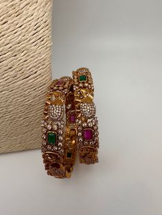 Matte CZ Bangles/Indian Bangles/Elephant Pattern Bangles/ Bracelets by SheetalsFabFashion on Etsy Antique Necklace Victorian, Cz Bangles, Traditional Bangles, Indian Bangles, Real Pearl Necklace, Bangles Indian, Traditional Earrings, Green Stones, Bangles Bracelets