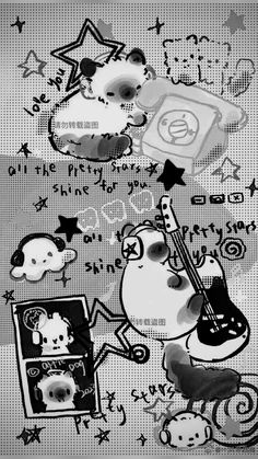 black and white photograph of cartoon characters with musical instruments, stars and music notes in the background