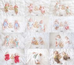 six babies laying on top of a bed with the numbers 8 and 9 in them