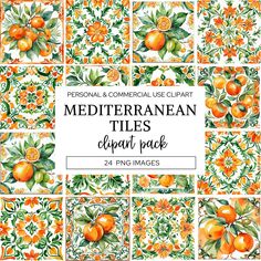 oranges with leaves and flowers are featured in this watercolor painting pattern pack for the mediterranean tiles