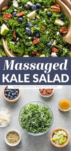 blueberry kale salad with nuts and other ingredients in bowls