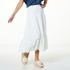 Jaclyn Smith Woven Eyelet Tiered Maxi Skirt  A dreamy style for sunny days, this tiered maxi skirt from Jaclyn Smith is crafted from a breezy, beautiful cotton eyelet fabric. Go on … give it a twirl! Spring Ankle-length Casual Maxi Skirt, Spring Casual Ankle-length Maxi Skirt, Brunch Ruffle Hem Tiered Maxi Skirt, Summer Tiered Ruffle Maxi Skirt, Spring Vacation Ankle-length Maxi Skirt, Flowy Ankle-length Skirt For Vacation, Breezy Ruffled Maxi Skirt For Beach, Breezy Ruffled Maxi Skirt For Vacation, Breezy Beach Maxi Skirt With Ruffles