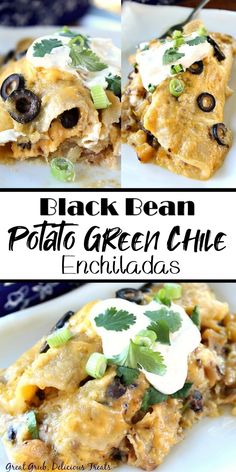 black bean potato green chile enchiladas on a white plate with a fork