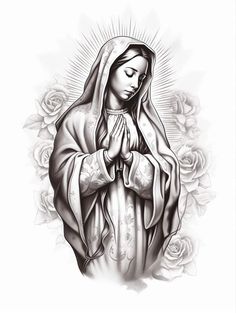 a black and white drawing of the virgin mary with roses around her neck, on a white background