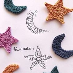 crocheted stars and crescents are shown in different colors