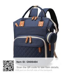 an image of a blue backpack with brown straps on the front and back side, it is