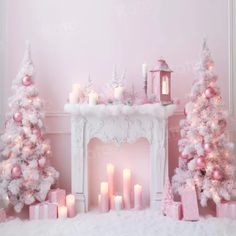 pink and white christmas decorations in front of a fireplace with lit candles on the mantle