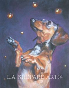 a painting of a dog looking up at the sky with lights in it's mouth