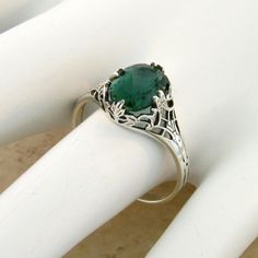 Vintage Estate Simulated Emerald Solitaire Filigree Ring. 925 Solid Sterling Silver. Stamped 925. Excellent Condition/Like New. Victorian Art Deco, Filigree Ring, Art Deco Design, Solitaire Ring, Turquoise Bracelet, Cuff Bracelets, Emerald, Fashion Beauty, Turquoise