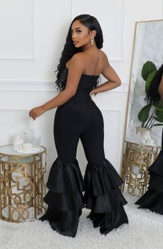 Stretch jumpsuit Tube Sweetheart neckline Ruffles Wide-leg Inseam is 36 inches 95% Polyester 5% Spandex Hand wash cold Model is wearing a small MODEL STATS Height: 5.3"Bust:33" / Waist:28" / Hips:42" Dancer Fits, Stretch Jumpsuit, Black Jumpsuit, High Waisted Pants, Sweetheart Neckline, Pants Set, Ruffles, Dancer, Wide Leg