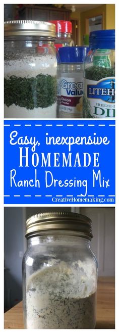 an image of homemade ranch dressing mix in a jar with the words easy, expensive homemade ranch dressing