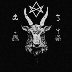 a goat with horns and other symbols on it's head, in front of a black background