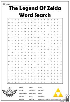 the legend of zelda word search is shown in this printable activity sheet for kids