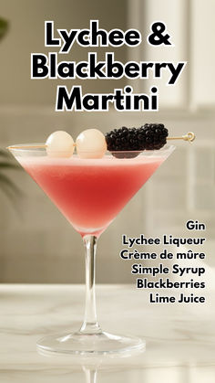 Lychee & Blackberry Martini Lychee Martini Recipe Easy, Blackberry Martini Recipe, Halloween Lychee Martini, Martini Variations, Blackberry Liqueur Recipes Vodka, Blackberry Martini, Blackberry Cocktails, Blackberry Liquor Cocktail Recipes, Lychee Elderflower Martini