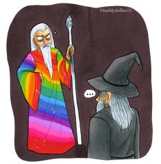 an old man with a long white beard wearing a rainbow robe and hat is standing next to a wizard