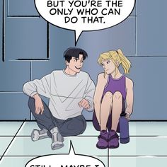 a man and woman sitting on the floor talking to each other with speech bubbles above them