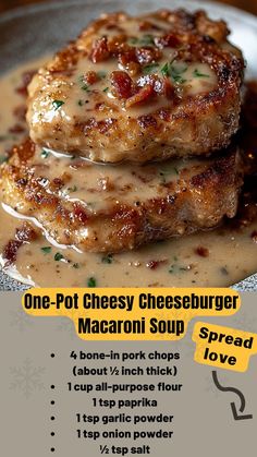 two cheeseburger macaroni soup patties are stacked on top of each other