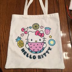 Cute Summer Canvas Tote By Sanrio Christmas Totes, Hello Kitty Summer, Painted Tote Bag, Painted Canvas Bags, Sanrio Bags, Canvas Bag Diy, Sanrio Bag, Painted Tote, Christmas Tote