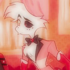 an anime character with white hair wearing a red suit and black bow tie, standing in front of a pink background